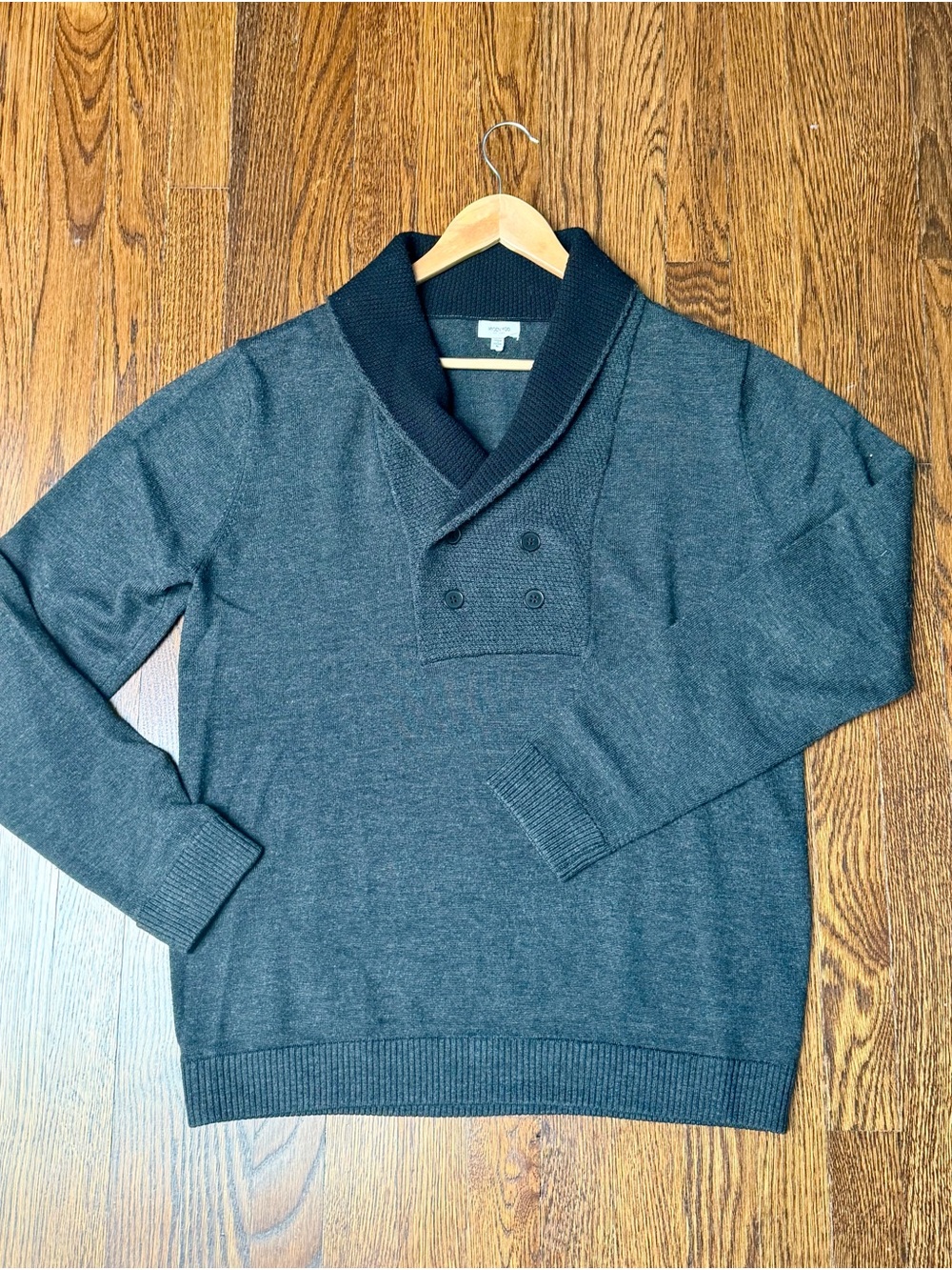 Men's Shawl V-Neck 100% Wool Button Pullover Sweater - Charcoal